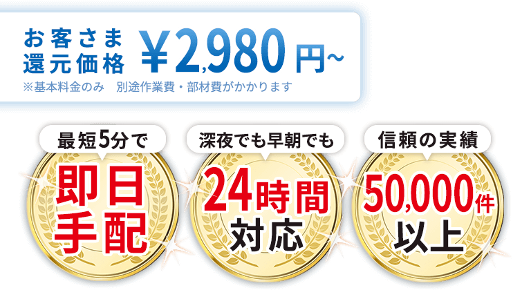 お客さま還元価格￥2,980円～ 最短5分で即日手配。深夜でも早朝でも24時間対応。信頼の実績50,000件以上