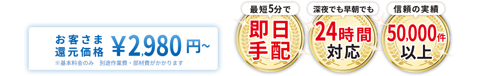 お客さま還元価格￥2,980円～ 最短5分で即日手配。深夜でも早朝でも24時間対応。信頼の実績50,000件以上