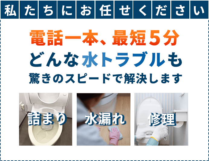 私たちにお任せください。電話一本、最短5分。詰まり・水漏れ・修理…どんな水トラブルも驚きのスピードで解決します。