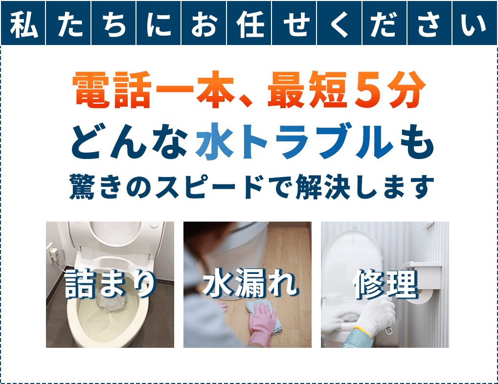 私たちにお任せください。電話一本、最短5分。詰まり・水漏れ・修理…どんな水トラブルも驚きのスピードで解決します。